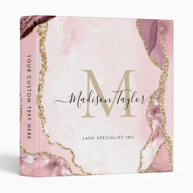 Blush Pink Gold Agate Geode Monogram Script Name Binder (Front/Spine)