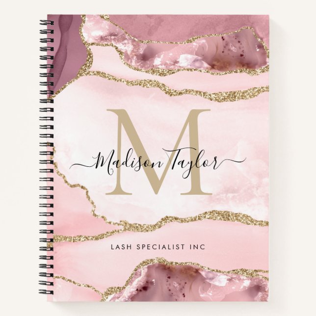 Blush Pink Gold Agate Geode Monogram Script Name Notebook (Front)