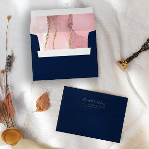 Blush Pink Gold Agate Navy Blue Wedding Envelope