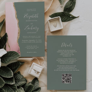 Blush Pink Gold Agate Sage Green QR Code Wedding Invitation
