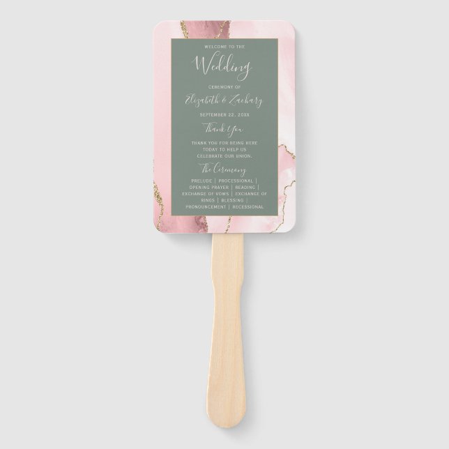 Blush Pink Gold Agate Sage Green Wedding Program Hand Fan (Front)