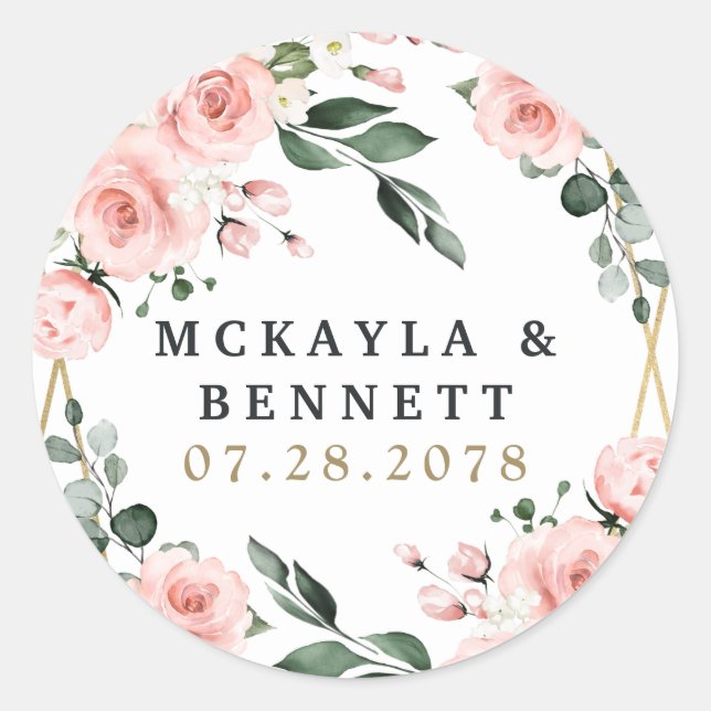 Blush Pink Gold and White Floral Greenery Wedding Classic Round Sticker (Front)