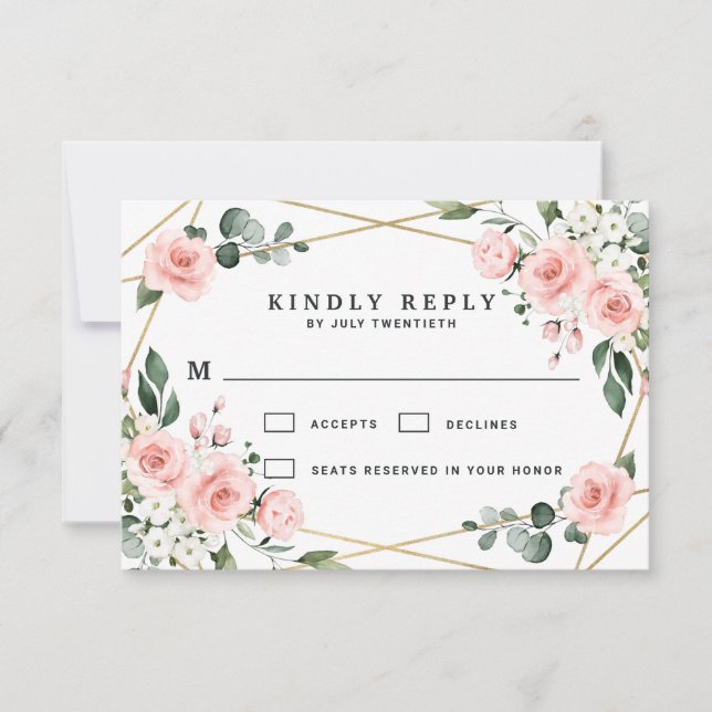 Blush Pink Gold and White Floral Greenery Wedding RSVP Card (Front)