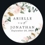 Blush Pink Gold and White Magnolia Floral Wedding Classic Round Sticker<br><div class="desc">Designs features elegant magnolia, peony rose, eucalyptus, greenery and other watercolor elements in white, blush pink or pink peach and more. The greenery features shades of dark and light green colours with some elements featuring gold, antique gold and copper. This classy item is versatile for varieties of wedding themes --...</div>