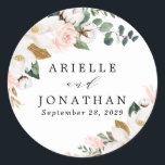 Blush Pink Gold and White Magnolia Floral Wedding Classic Round Sticker<br><div class="desc">Designs features elegant magnolia, peony rose, eucalyptus, greenery and other watercolor elements in white, blush pink or pink peach and more. The greenery features shades of dark and light green colours with some elements featuring gold, antique gold and copper. This classy item is versatile for varieties of wedding themes --...</div>