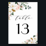 Blush Pink Gold and White Magnolia Floral Wedding Table Number<br><div class="desc">Designs features elegant magnolia, peony rose, eucalyptus, greenery and other watercolor elements in white, blush pink or pink peach and more. The greenery features shades of dark and light green colours with some elements featuring gold, antique gold and copper. This classy item is versatile for varieties of wedding themes --...</div>