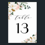 Blush Pink Gold and White Magnolia Floral Wedding Table Number<br><div class="desc">Designs features elegant magnolia, peony rose, eucalyptus, greenery and other watercolor elements in white, blush pink or pink peach and more. The greenery features shades of dark and light green colours with some elements featuring gold, antique gold and copper. This classy item is versatile for varieties of wedding themes --...</div>