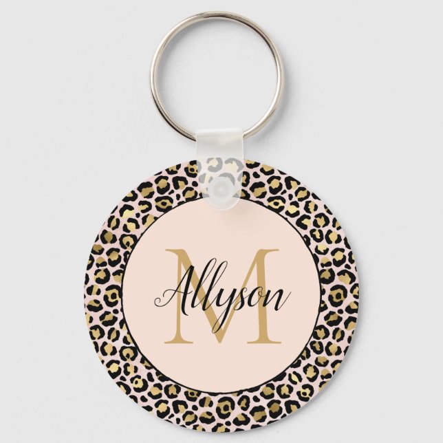 Blush Pink Gold Black Leopard Print Monogram Keychain (Front)