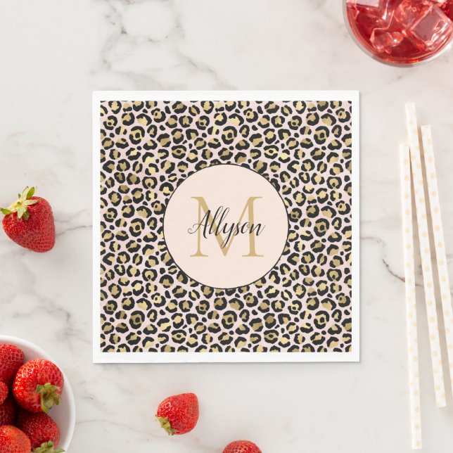 Blush Pink Gold Black Leopard Print Monogram       Napkin (Insitu)