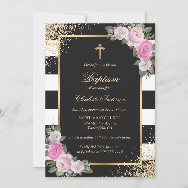 Blush Pink Gold Black Striped Floral Girl Baptism Invitation (Front)