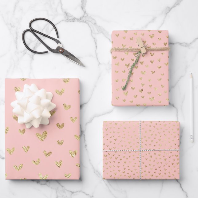 Blush Pink Gold Boho Hearts  Wrapping Paper Sheet (Front)