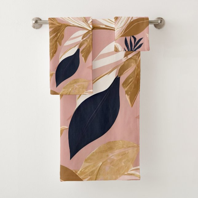 Blush Pink Gold Boho Leaves Modern Collection Bath Towel Set (Insitu)