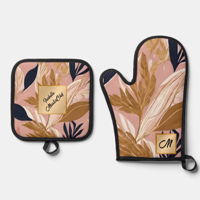 Blush Pink Gold Boho Leaves Modern Collection Oven Mitt & Pot Holder Set (Front)