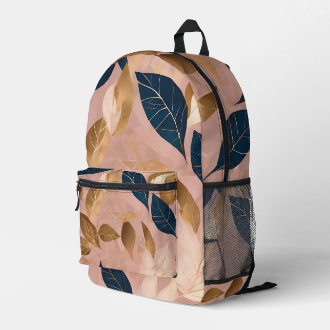 Blush Pink Gold Boho Leaves Popular Collection Printed Backpack (Back Corner Right)