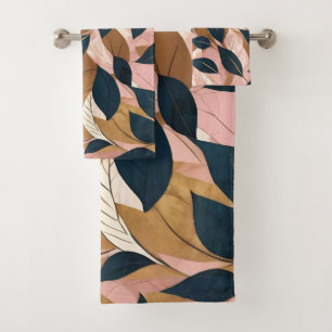 Blush Pink Gold Boho Leaves Trendy Collection Bath Towel Set
