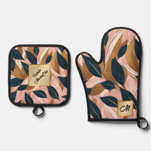 Blush Pink Gold Boho Leaves Trendy Collection Oven Mitt & Pot Holder Set