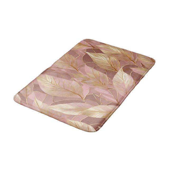 Blush Pink Gold Boho Modern Leaves Collection Bath Mat (Angled)