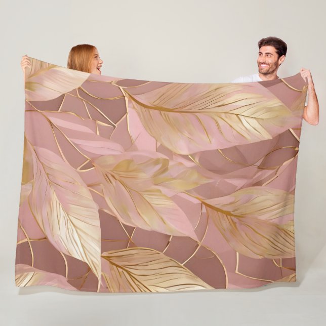 Blush Pink Gold Boho Modern Leaves Collection Fleece Blanket (In Situ)