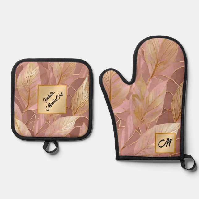 Blush Pink Gold Boho Modern Leaves Collection Oven Mitt & Pot Holder Set (Front)