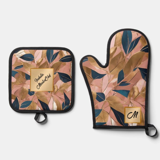 Blush Pink Gold Boho Popular Leaves Collection Oven Mitt & Pot Holder Set (Front)