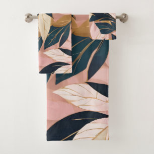 Blush Pink Gold Boho Trendy Leaves Collection Bath Towel Set