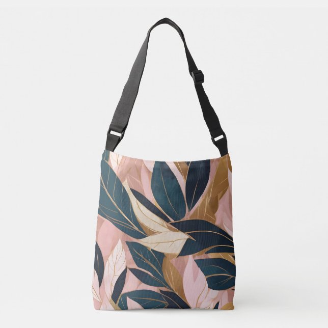Blush Pink Gold Boho Trendy Leaves Collection Crossbody Bag (Front)