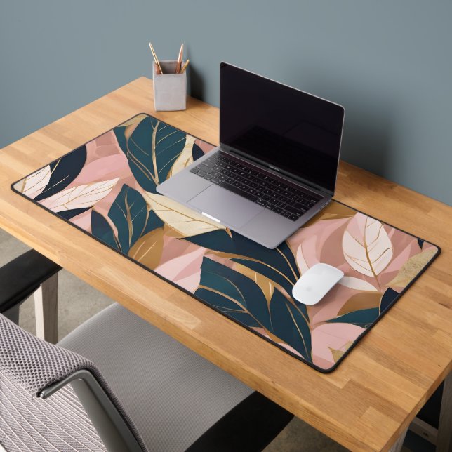 Blush Pink Gold Boho Trendy Leaves Collection Desk Mat (Office 2)