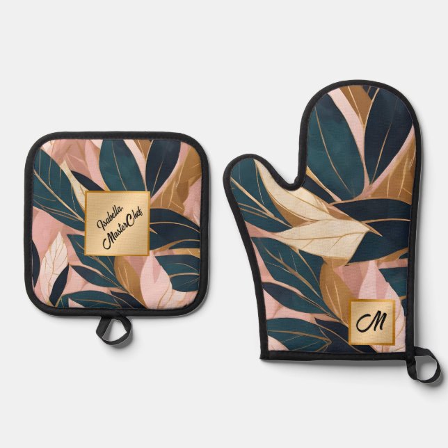 Blush Pink Gold Boho Trendy Leaves Collection Oven Mitt & Pot Holder Set (Front)