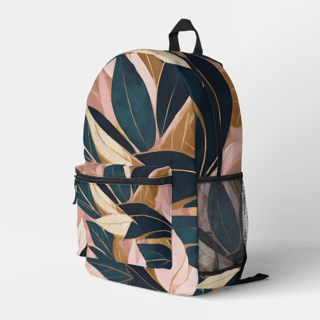 Blush Pink Gold Boho Trendy Leaves Collection Printed Backpack (Back Corner Right)