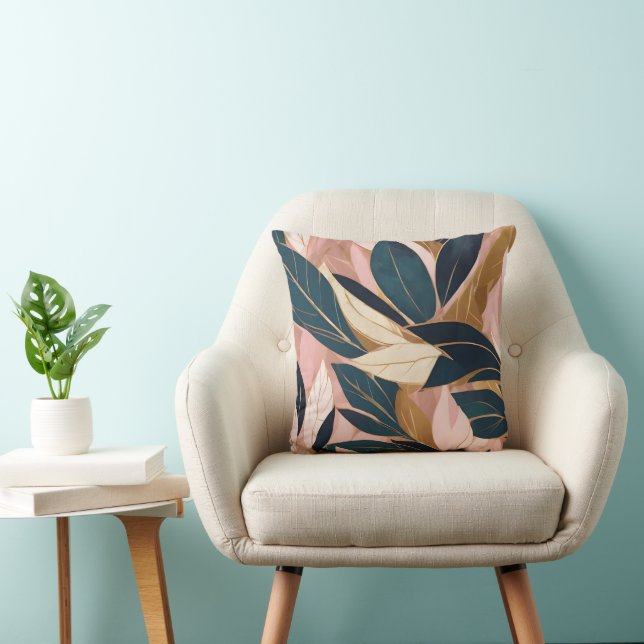 Blush Pink Gold Boho Trendy Leaves Collection Throw Pillow (Chair)