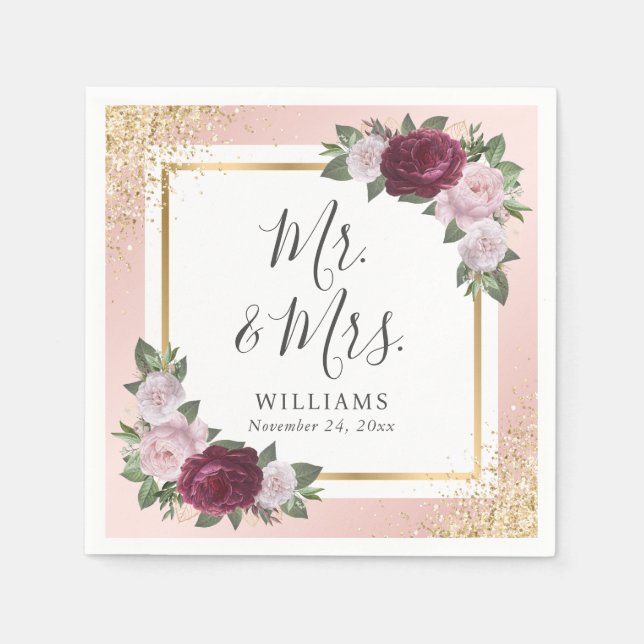 Blush Pink Gold Burgundy Floral Wedding Napkin (Front)