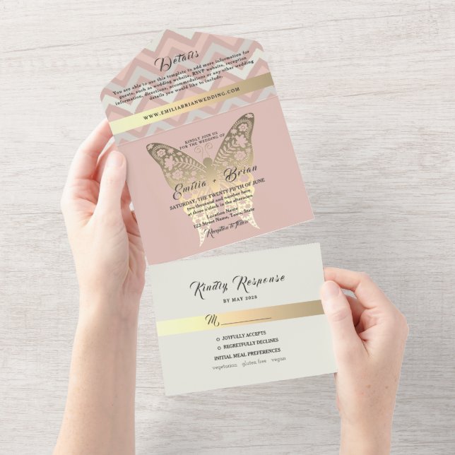 Blush Pink Gold Butterfly Wedding Invite (Tearaway)
