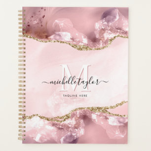 Blush Pink Gold Chic Glitter Gold Agate Monogram Planner