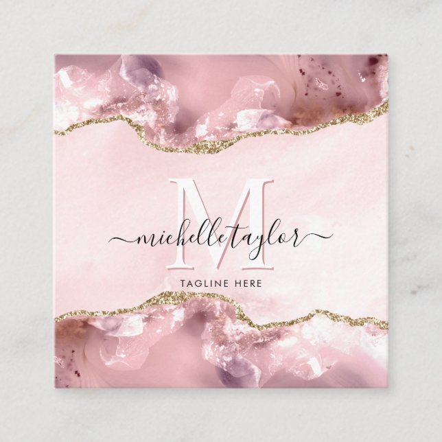 Blush Pink Gold Chic Glitter Gold Agate Monogram   Square Business Card (Front)