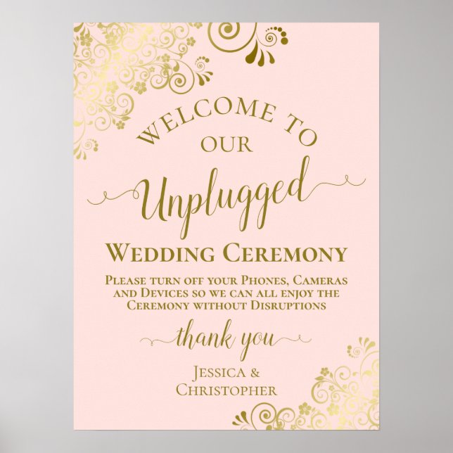 Blush Pink & Gold Chic Unplugged Wedding Ceremony Poster (Front)