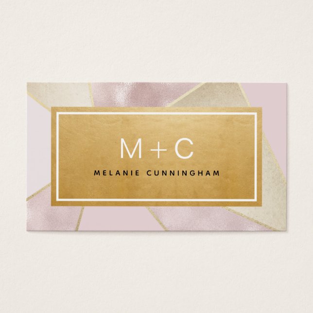 Blush Pink Gold Colour Block Monogram Business Car (Front)