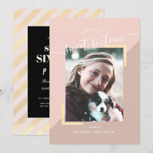 Blush Pink & Gold Colour Block Photo Sweet 16 Invitation
