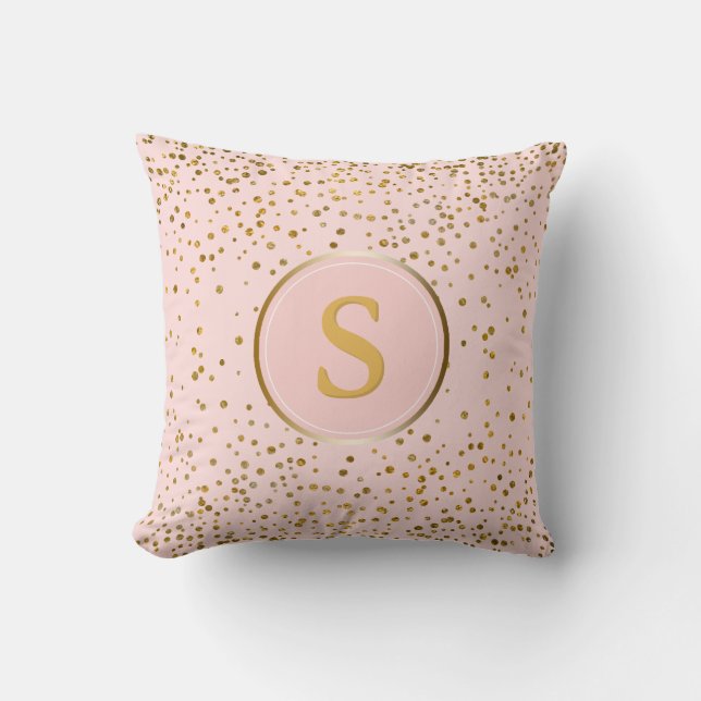 Blush Pink Gold Confetti Dots | Monogram Initial Throw Pillow (Front)