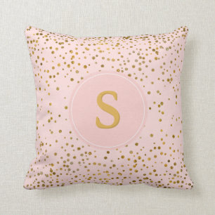 Blush Pink Gold Confetti Dots Monogram Initials Throw Pillow