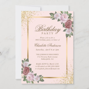 Blush Pink Gold Confetti Floral Birthday Party Invitation