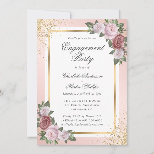 Blush Pink Gold Confetti Floral Engagement Party Invitation (Front)