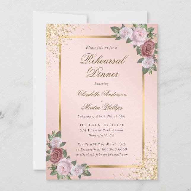 Blush Pink Gold Confetti Floral Rehearsal Dinner Invitation (Front)