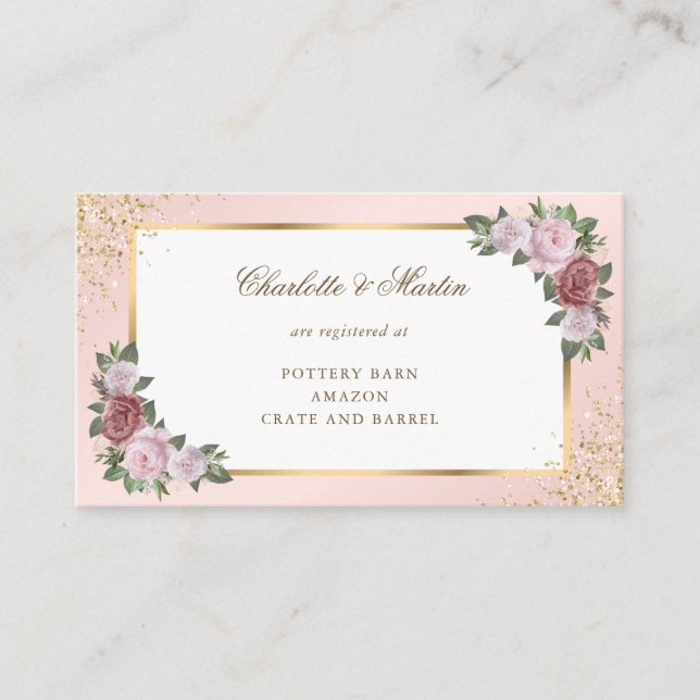 Blush Pink Gold Confetti Floral Wedding Registry Enclosure Card (Front)