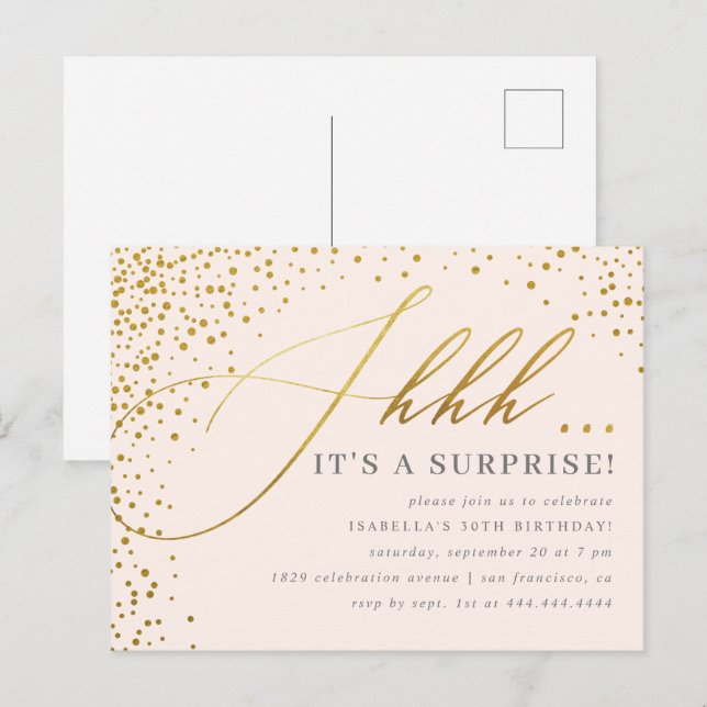 Blush Pink & Gold Confetti Script Surprise Party Invitation Postcard (Front/Back)