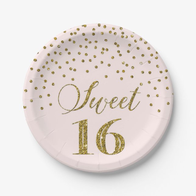 Blush Pink Gold Confetti Sweet 16 Birthday Party Paper Plate (Front)
