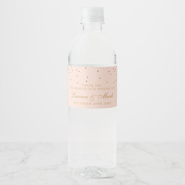 Blush Pink & Gold Confetti Wedding Water Bottle Label (Front)