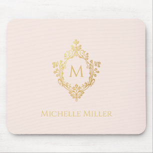 Blush Pink Gold Crest Elegant Monogram Name Mouse Pad