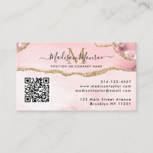 Blush Pink Gold Custom Logo QR Code Agate Monogram Business Card