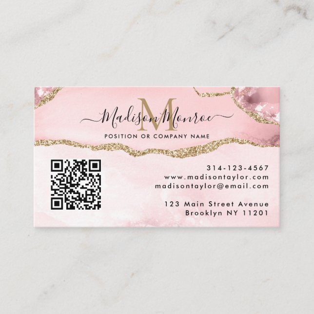 Blush Pink Gold Custom Logo QR Code Agate Monogram Business Card (Front)