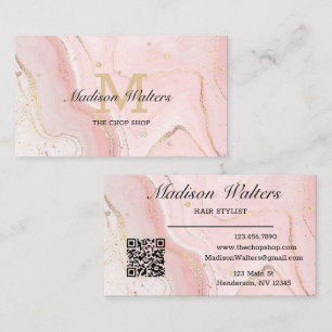 Blush Pink Gold Custom Logo QR Code Agate Monogram Business Card